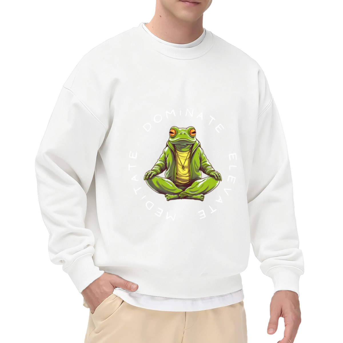 Dominate Elevate Meditate Frog Crewneck Sweatshirt - Funny Yoga Frog Pullover, Meditation Humor Gift, Chill Zen Top
