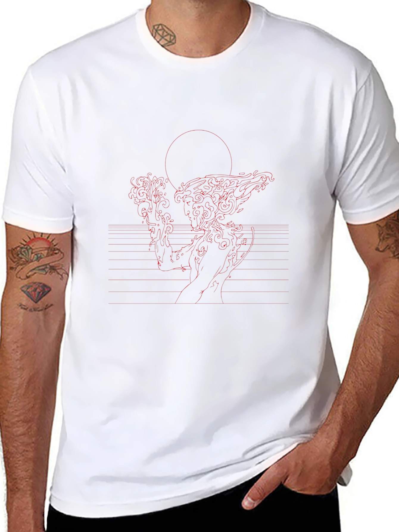 Red Line Art Black T-Shirt