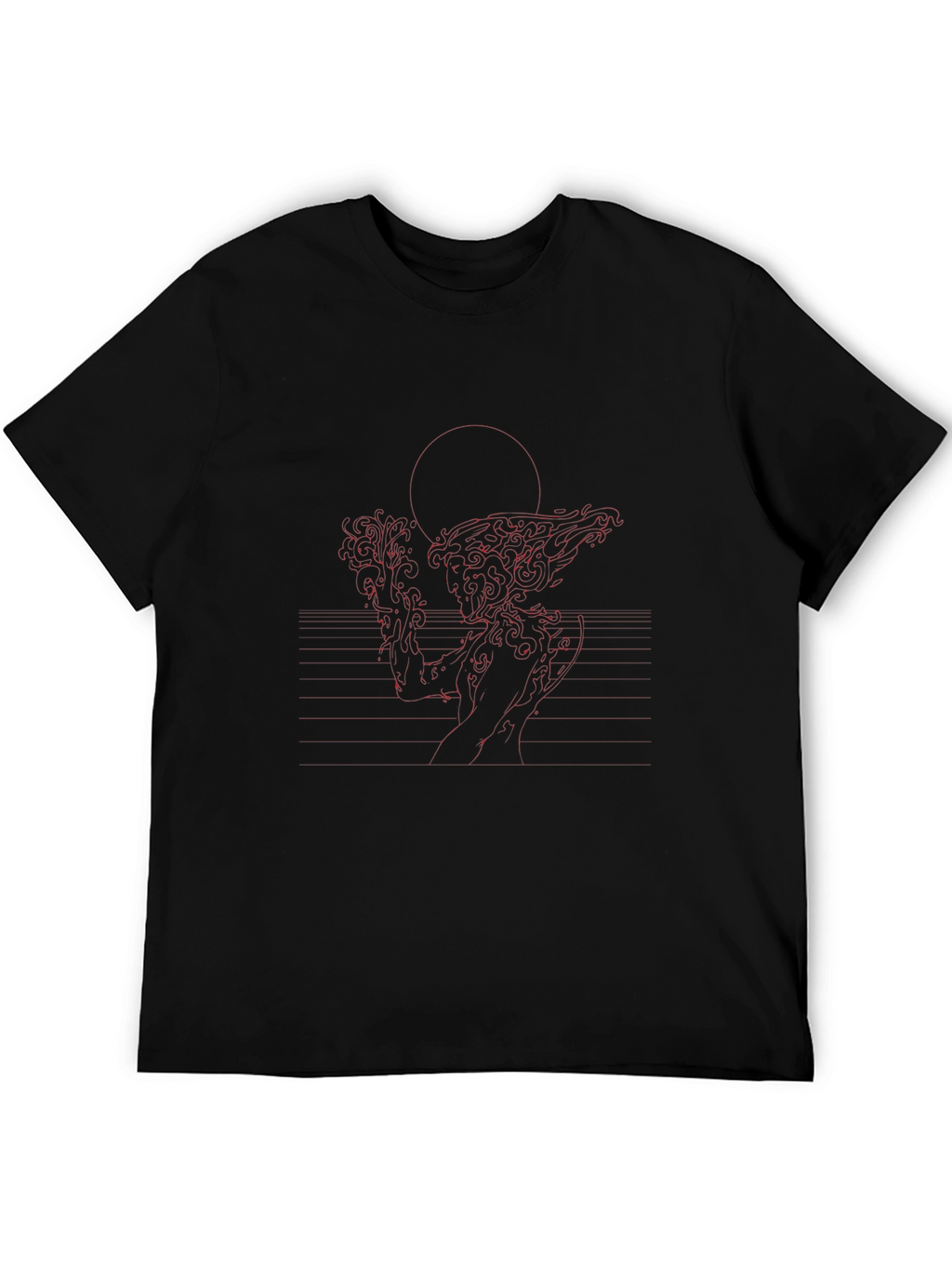 Red Line Art Black T-Shirt