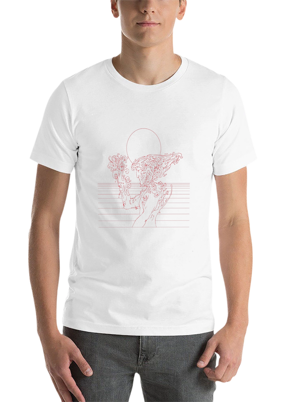 Red Line Art Black T-Shirt