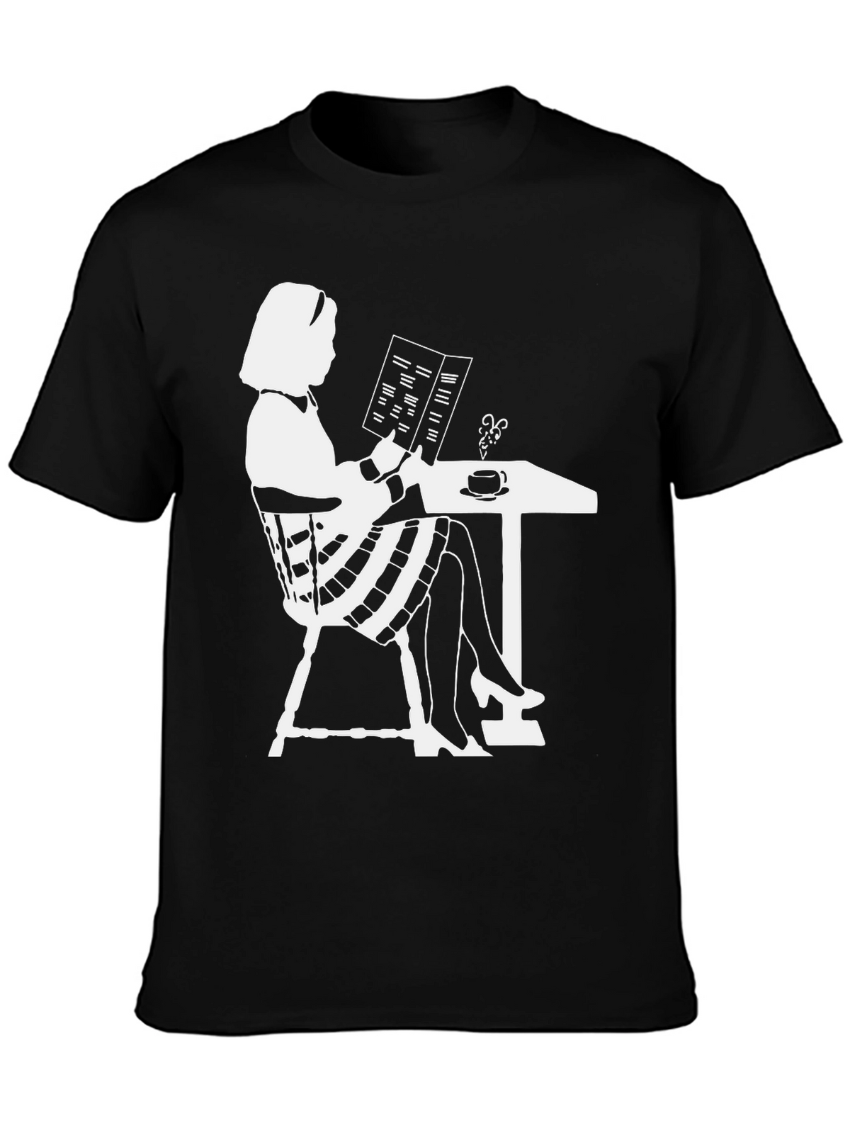 Chic Silhouette Tee: Woman Reading at Cafe