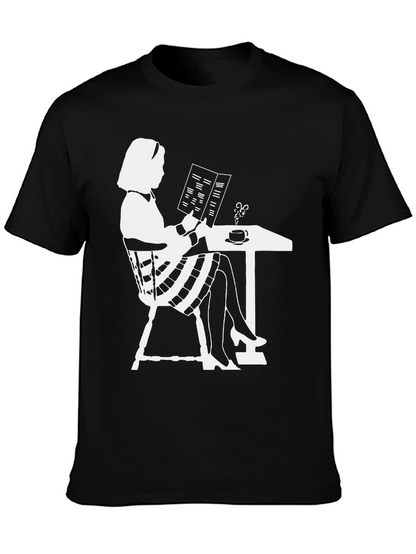 Chic Silhouette Tee: Woman Reading at Cafe