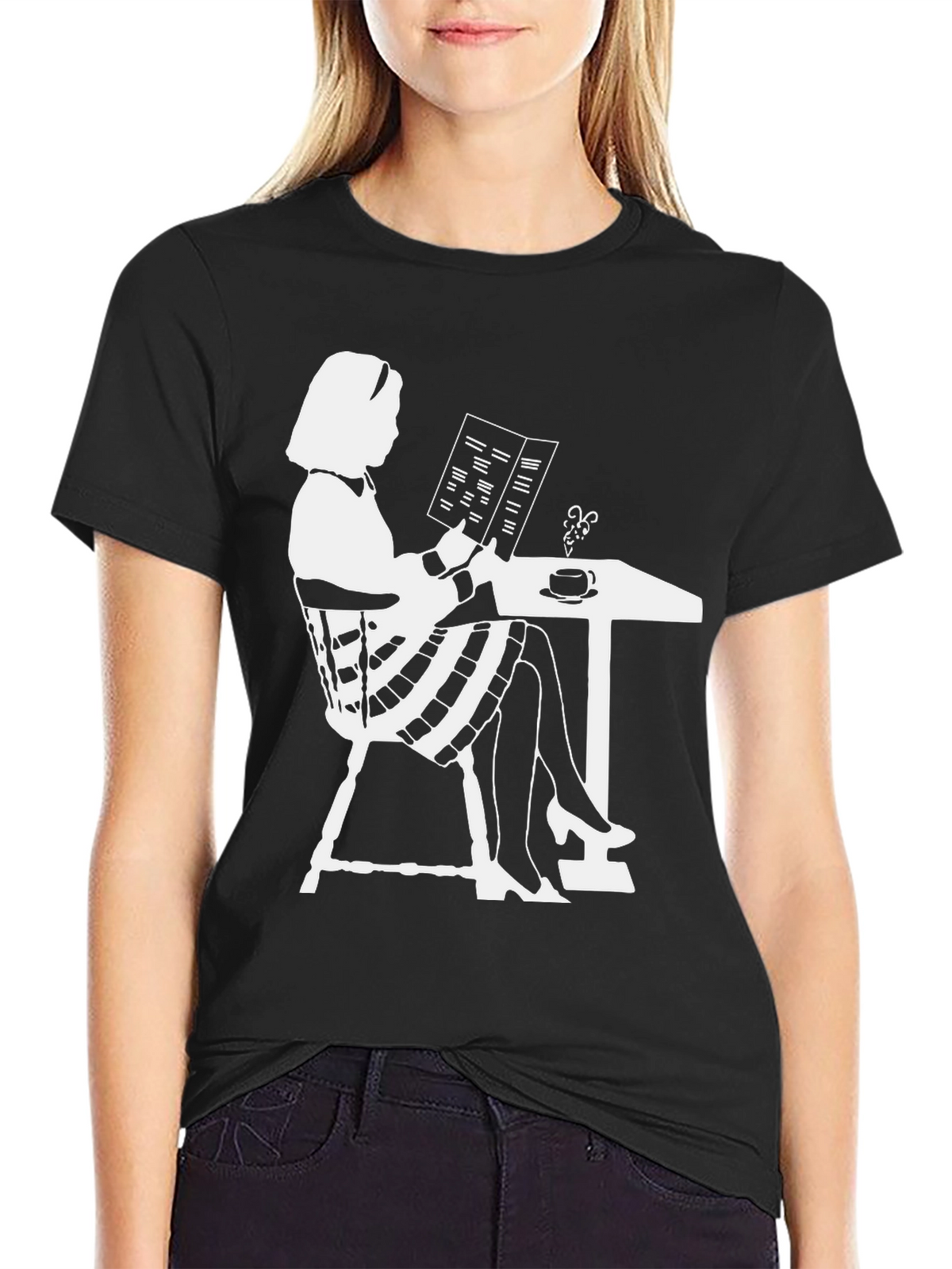 Chic Silhouette Tee: Woman Reading at Cafe