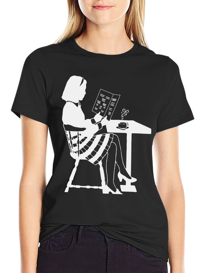 Chic Silhouette Tee: Woman Reading at Cafe
