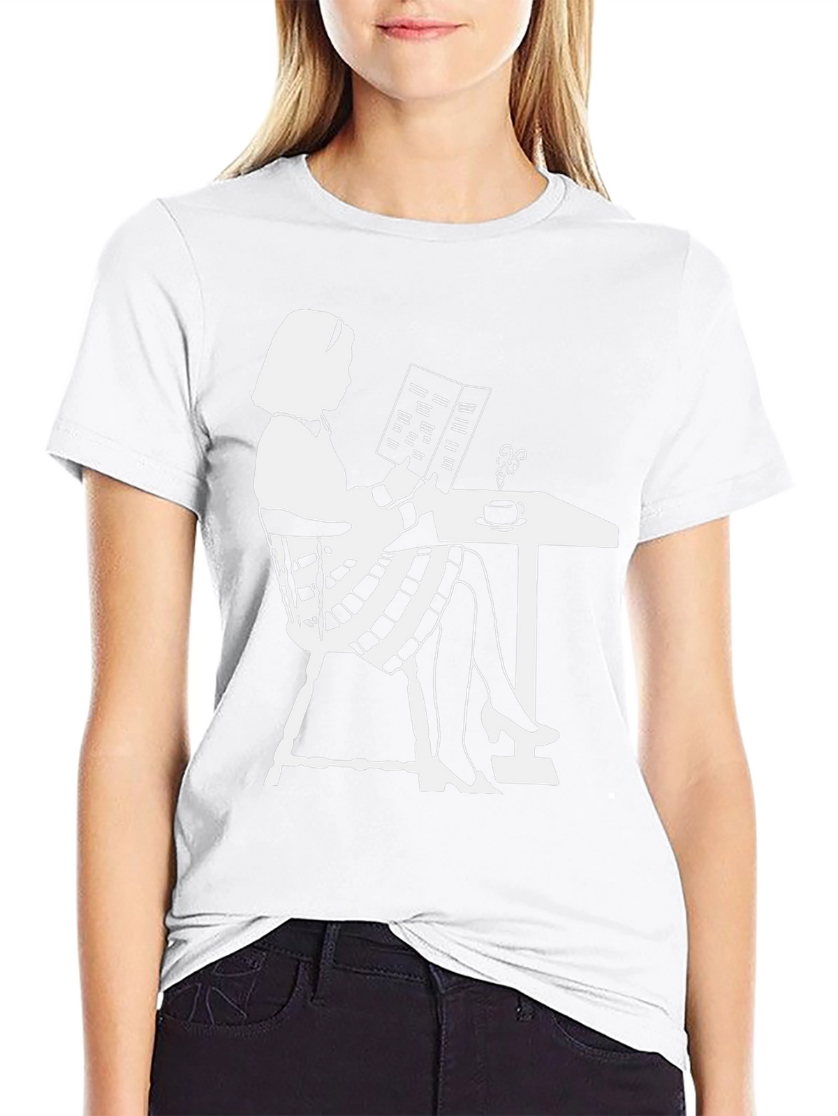 Chic Silhouette Tee: Woman Reading at Cafe