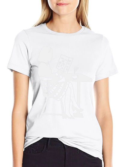 Chic Silhouette Tee: Woman Reading at Cafe