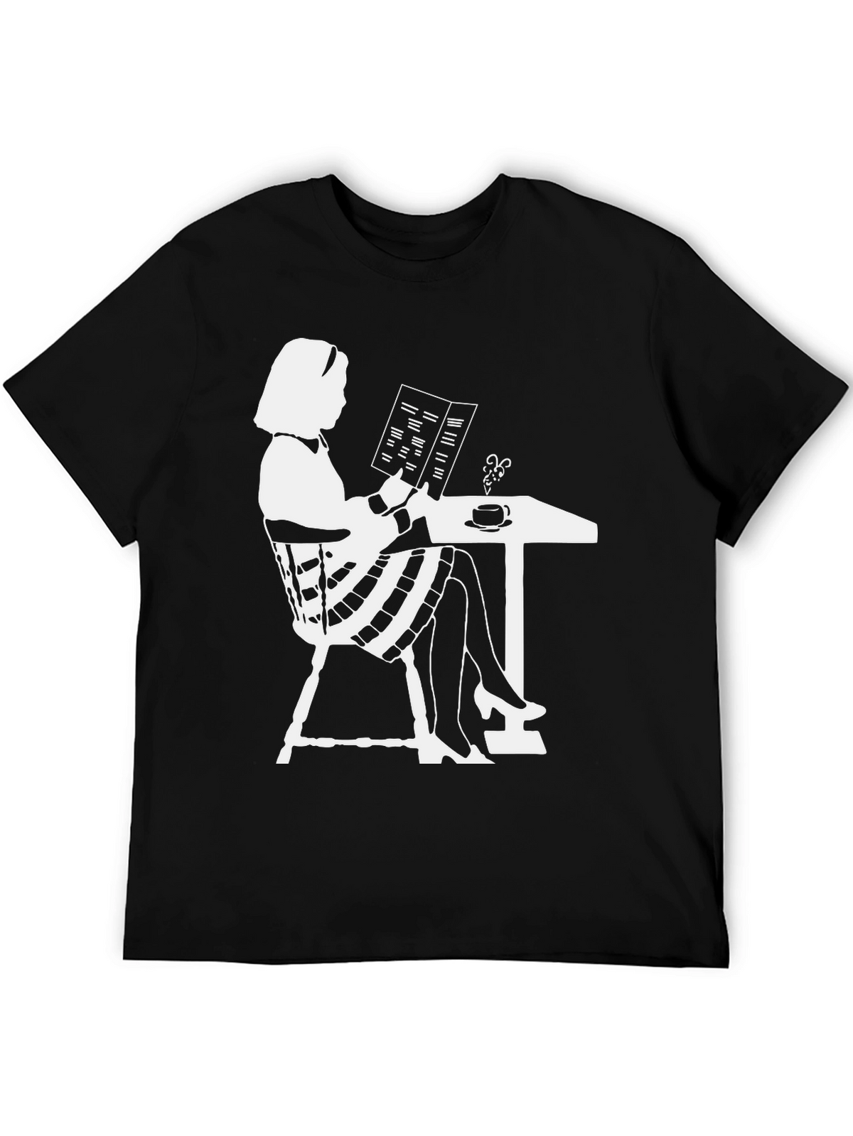 Chic Silhouette Tee: Woman Reading at Cafe