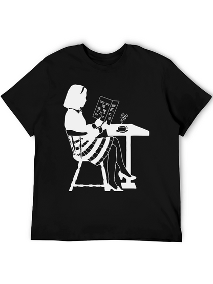 Chic Silhouette Tee: Woman Reading at Cafe