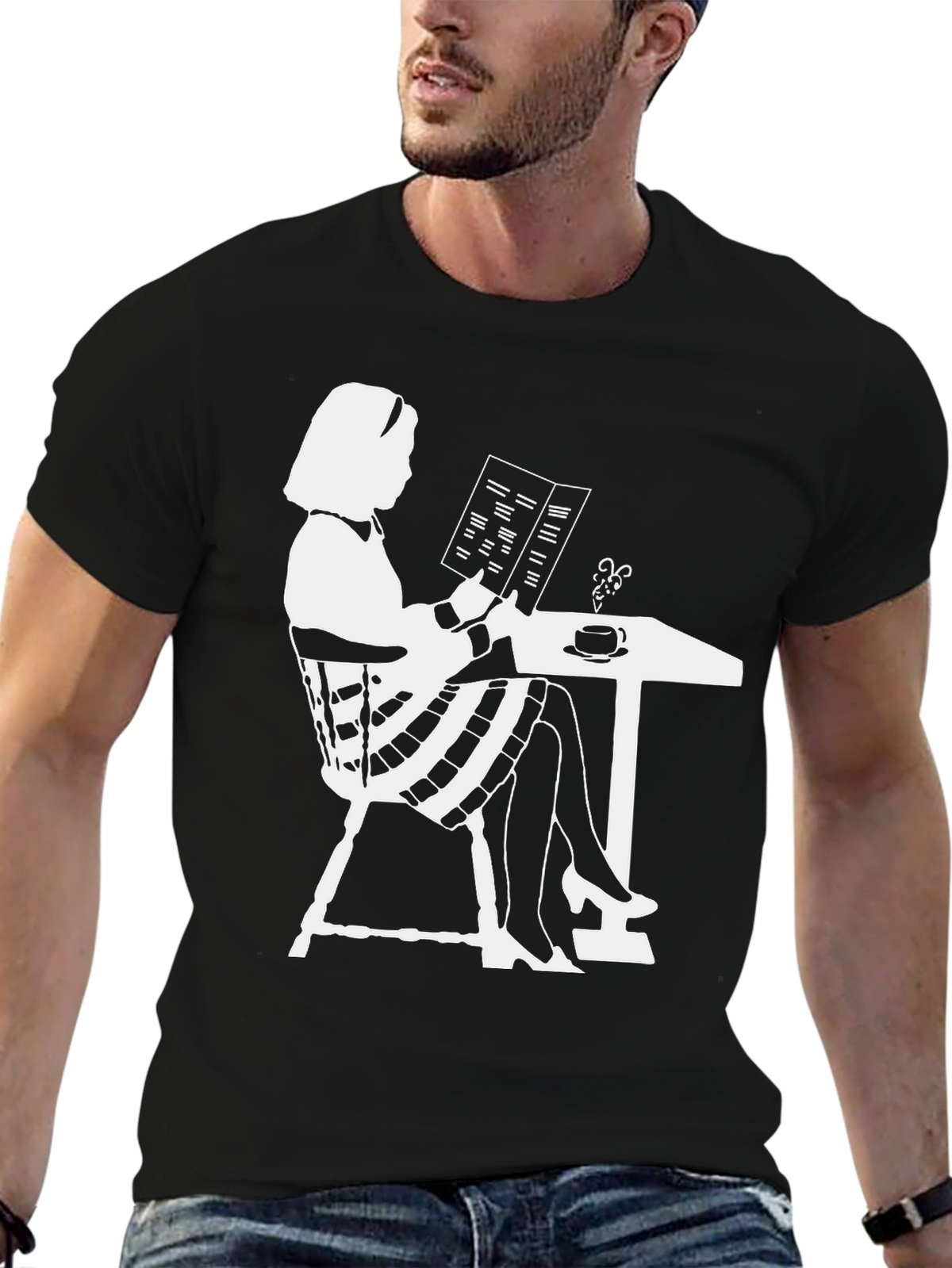 Chic Silhouette Tee: Woman Reading at Cafe