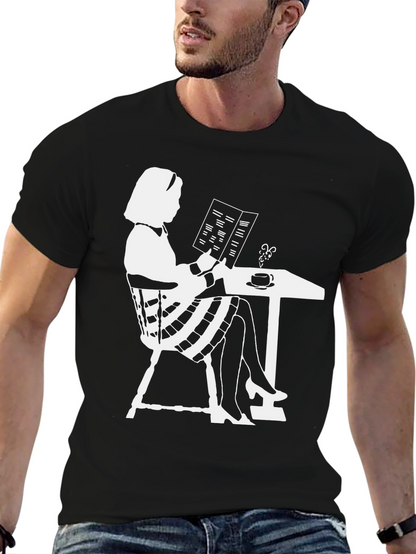 Chic Silhouette Tee: Woman Reading at Cafe