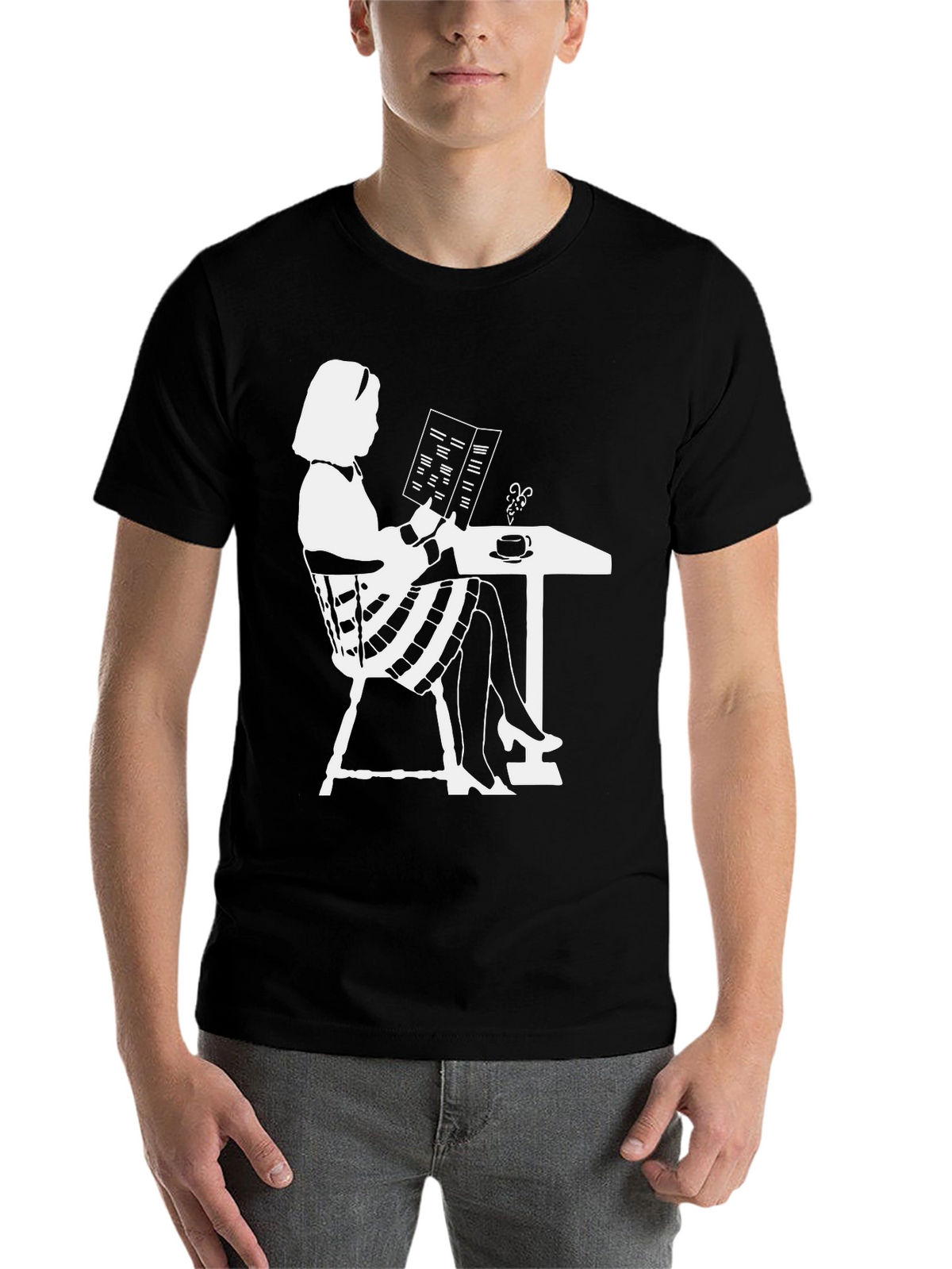 Chic Silhouette Tee: Woman Reading at Cafe