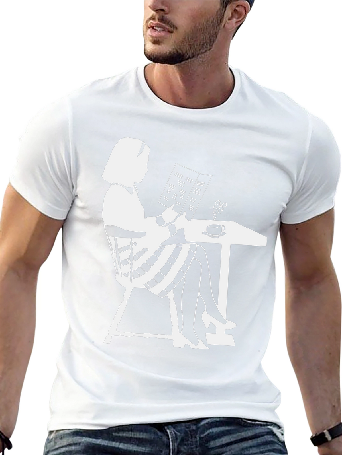 Chic Silhouette Tee: Woman Reading at Cafe