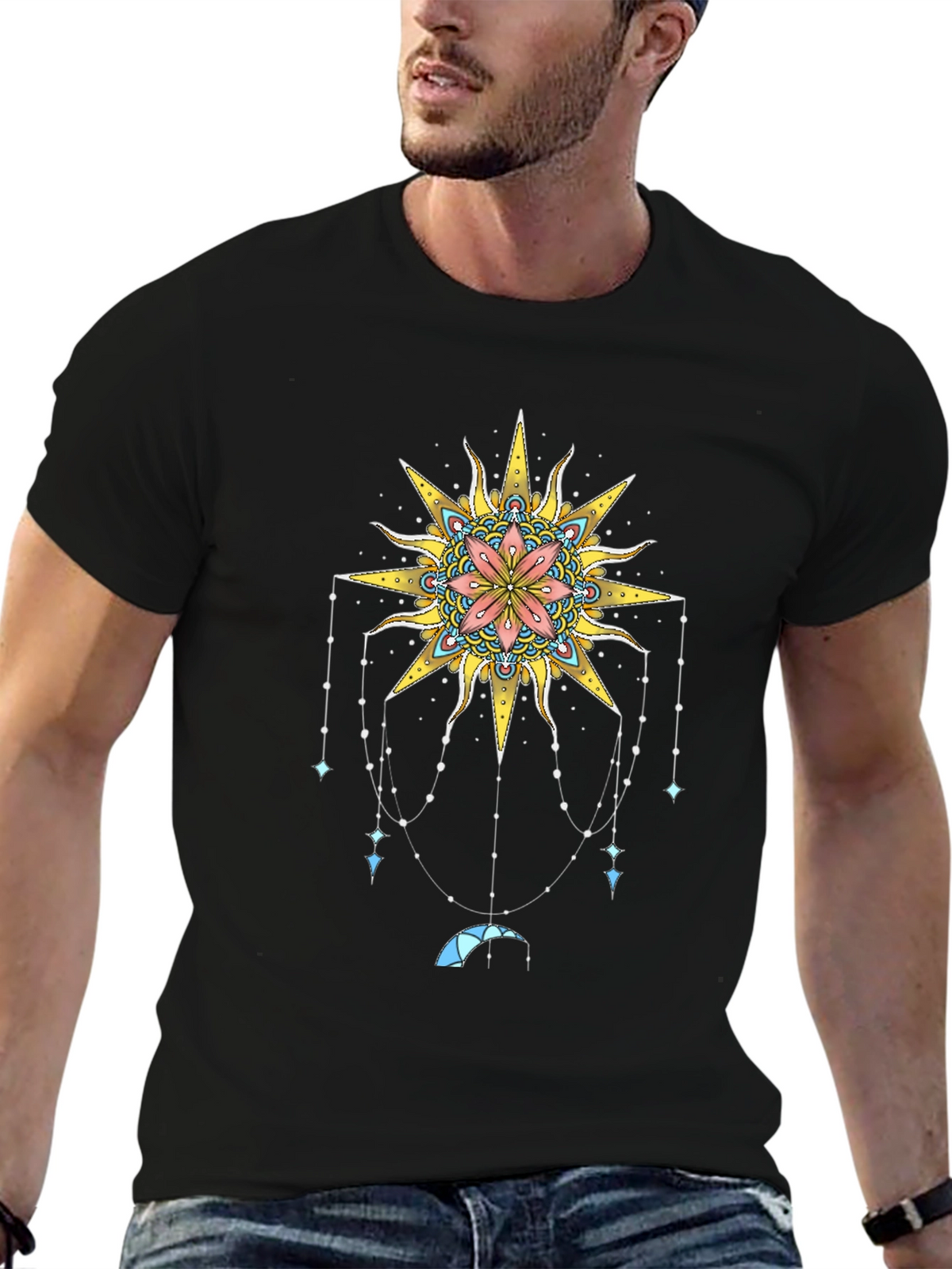 Celestial Sun Mandala Graphic Tee - Black