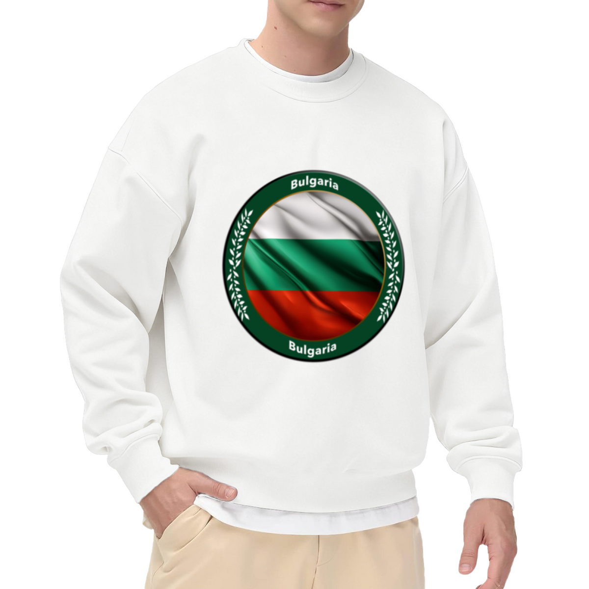 Show Your Bulgarian Pride: Cozy Crewneck Sweatshirt with Draped Flag, Olive Wreath and ""Bulgaria"" Text