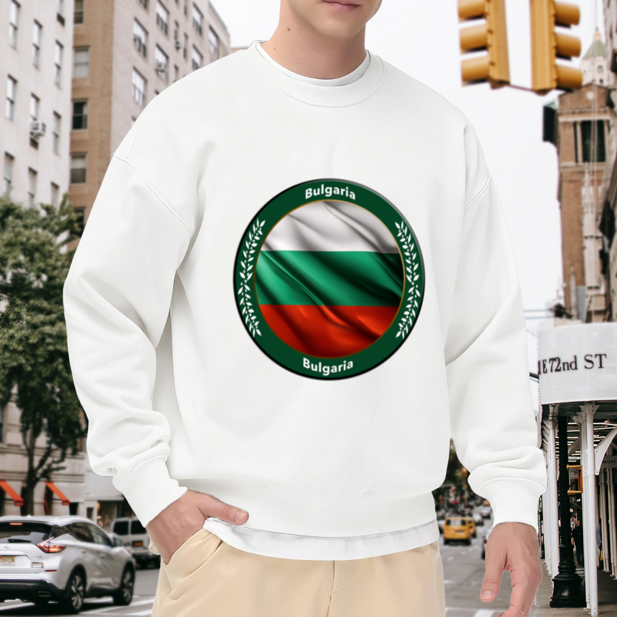 Show Your Bulgarian Pride: Cozy Crewneck Sweatshirt with Draped Flag, Olive Wreath and ""Bulgaria"" Text