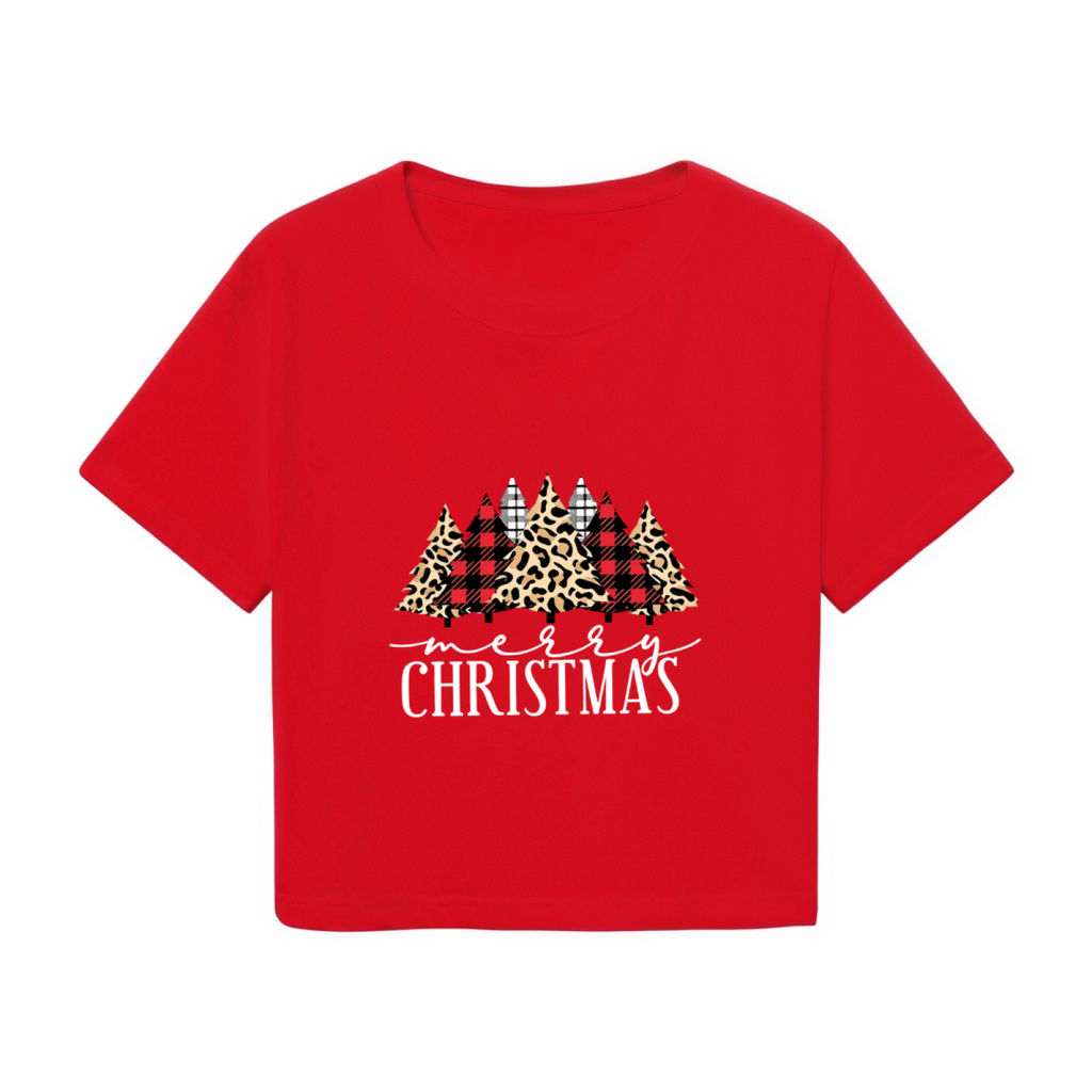 Retro Plaid Leopard Christmas Tree Holiday Red Crop Top