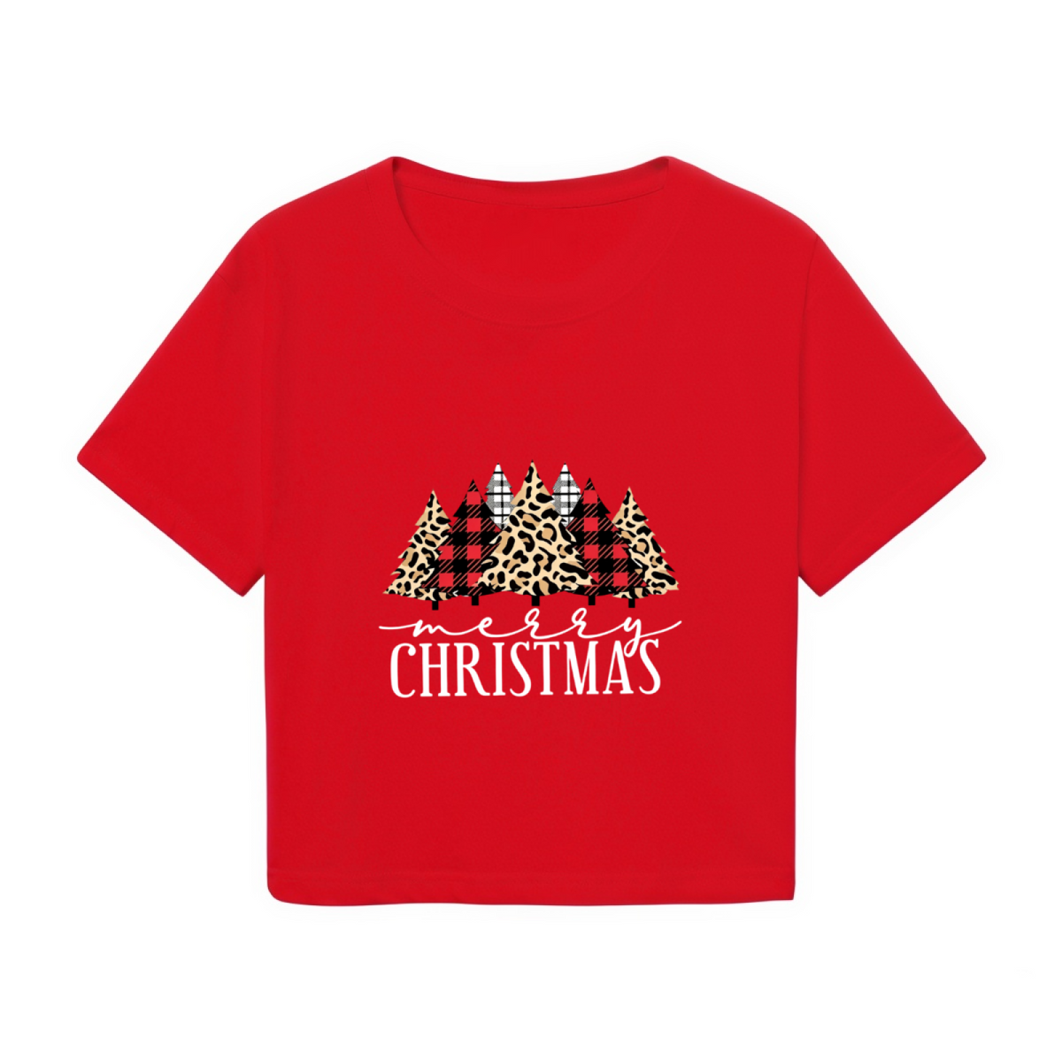 Retro Plaid Leopard Christmas Tree Holiday Red Crop Top