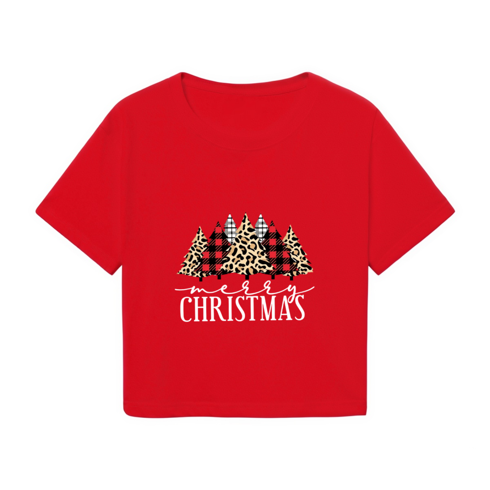 Retro Plaid Leopard Christmas Tree Holiday Red Crop Top