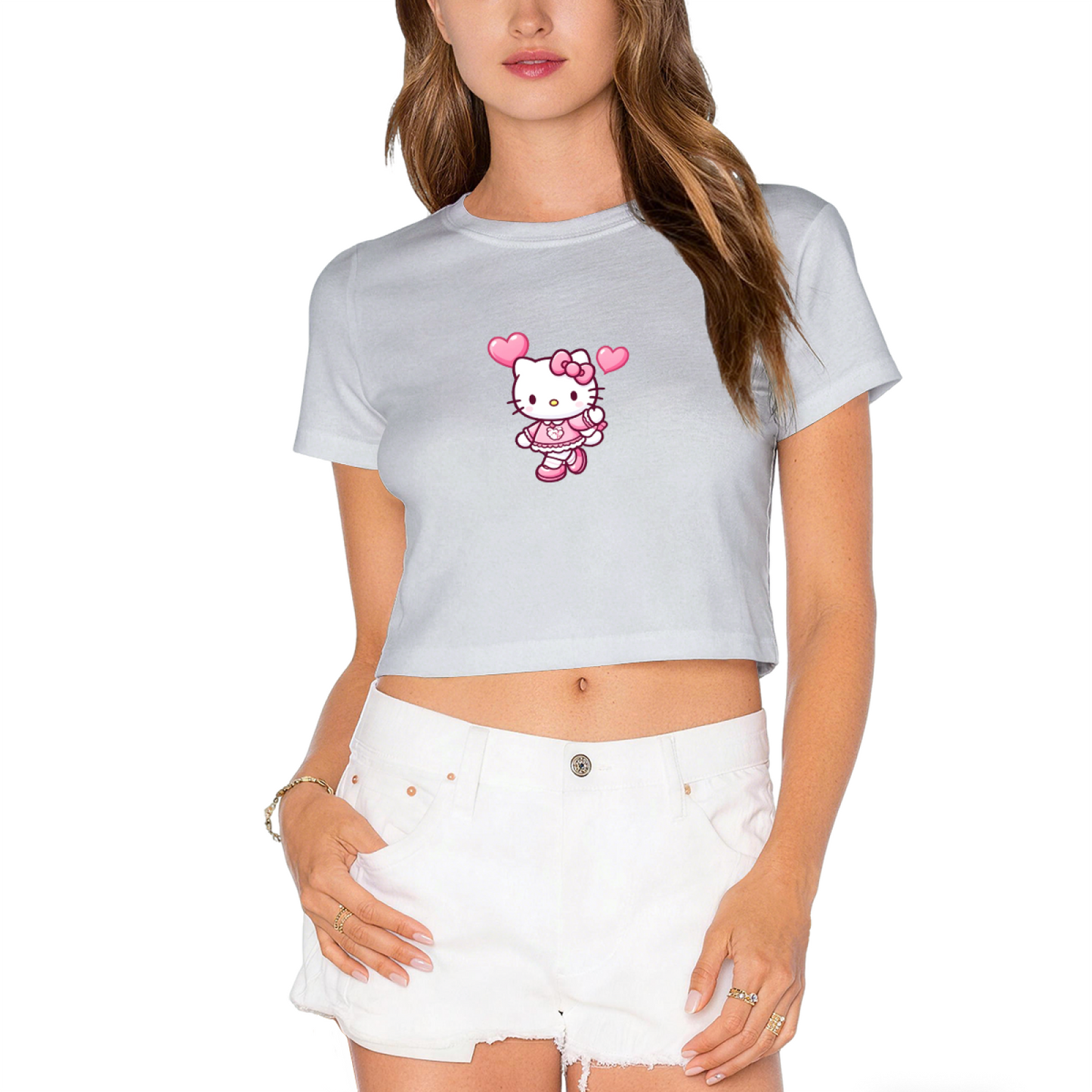Heart Accent Hello Kitty Kawaii Casual White Cropped Shirt