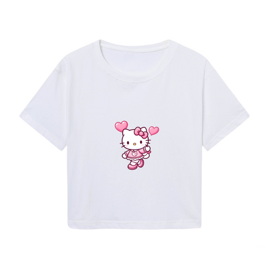 Heart Accent Hello Kitty Kawaii Casual White Cropped Shirt