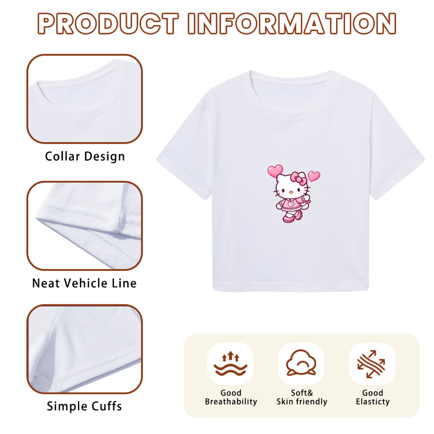 Heart Accent Hello Kitty Kawaii Casual White Cropped Shirt