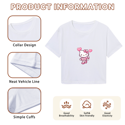 Heart Accent Hello Kitty Kawaii Casual White Cropped Shirt
