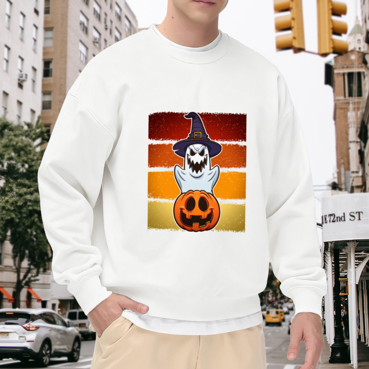Scary Ghost Witch Hat Jack O Lantern Vintage Retro Crewneck Sweatshirt