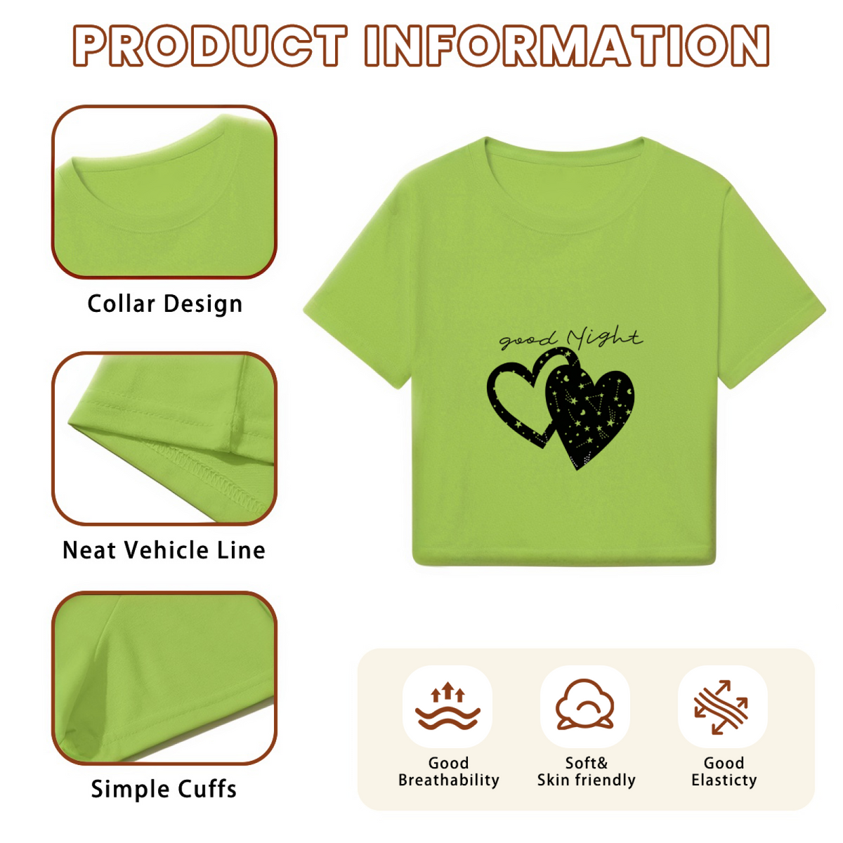 Good Night Starry Hearts Lime Green Y2K Crop Top
