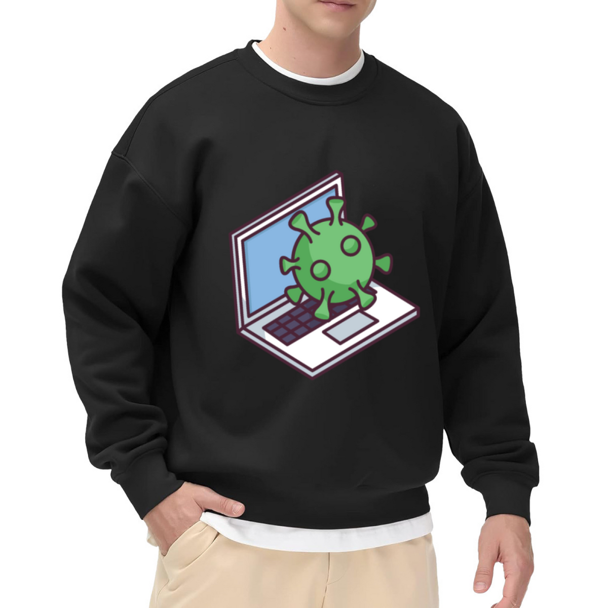 Computer Virus Cartoon Laptop Graphic Crewneck Sweatshirt | Funny Cybersecurity Tech Humor Pullover, Geeky IT Gift Top
