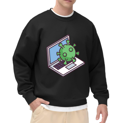 Computer Virus Cartoon Laptop Graphic Crewneck Sweatshirt | Funny Cybersecurity Tech Humor Pullover, Geeky IT Gift Top