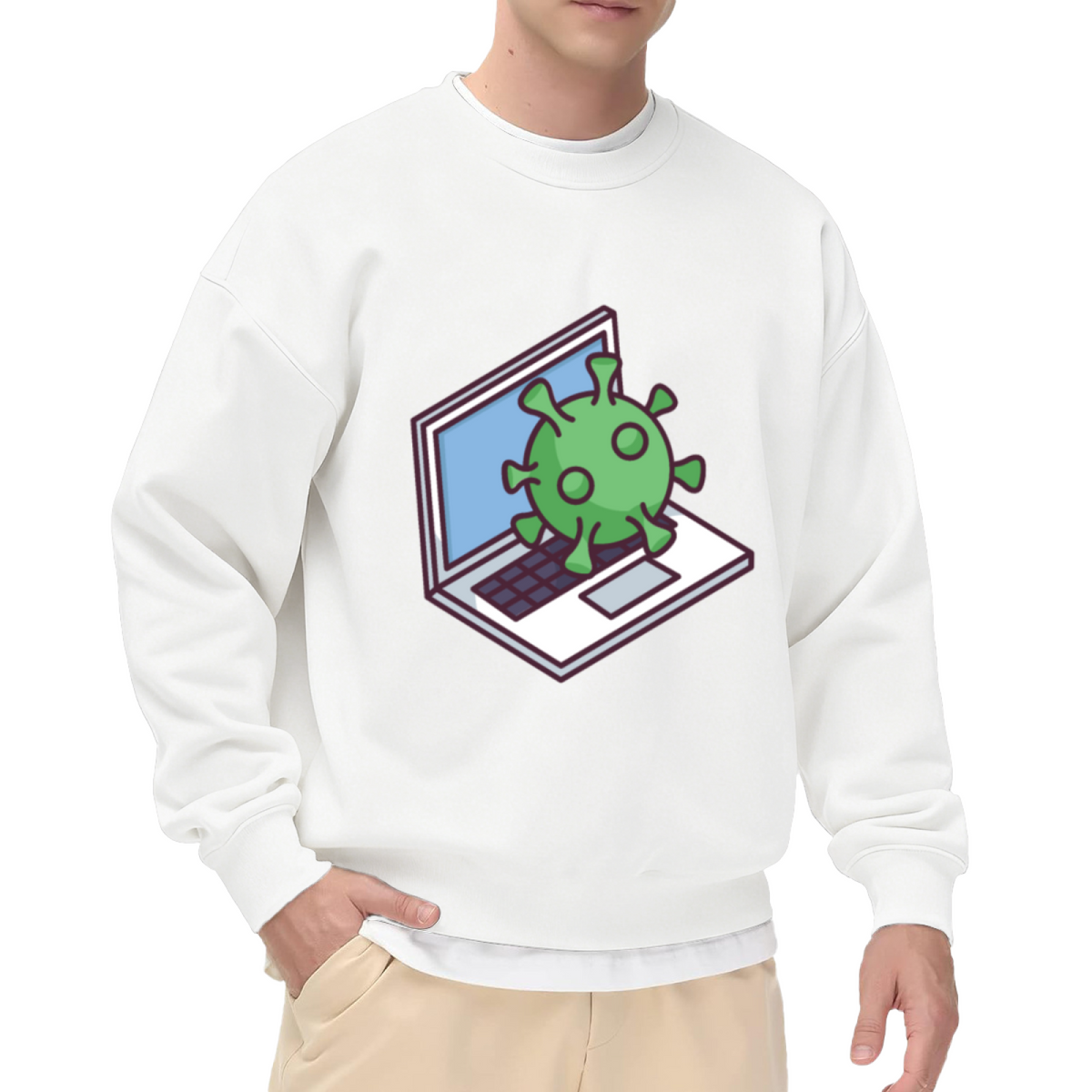 Computer Virus Cartoon Laptop Graphic Crewneck Sweatshirt | Funny Cybersecurity Tech Humor Pullover, Geeky IT Gift Top
