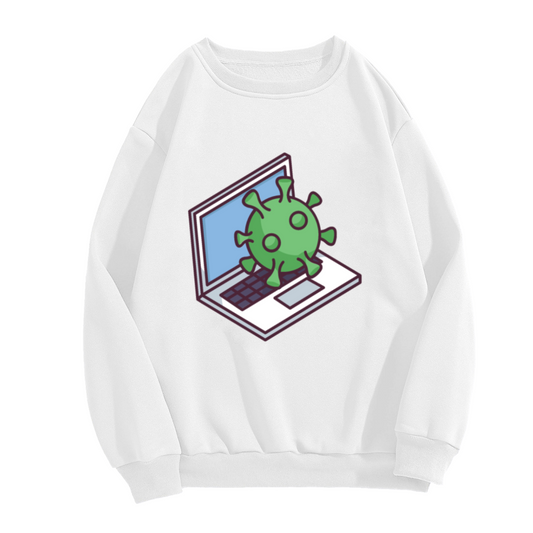 Computer Virus Cartoon Laptop Graphic Crewneck Sweatshirt | Funny Cybersecurity Tech Humor Pullover, Geeky IT Gift Top
