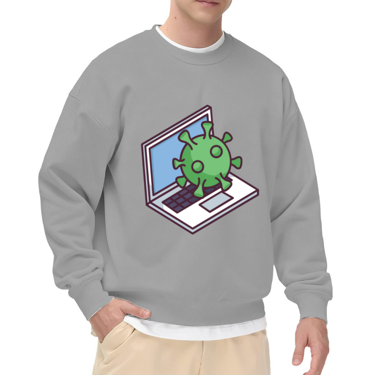 Computer Virus Cartoon Laptop Graphic Crewneck Sweatshirt | Funny Cybersecurity Tech Humor Pullover, Geeky IT Gift Top