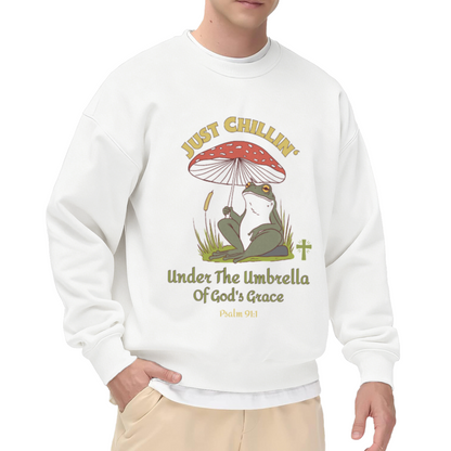 Just Chillin Under The Umbrella Of God's Grace Psalm 91:1 Crewneck Sweatshirt - Christian Faith Frog Pullover, Religious Easter Gift