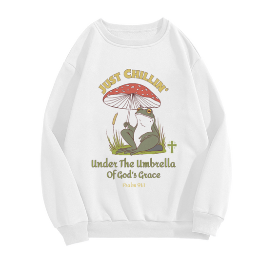 Just Chillin Under The Umbrella Of God's Grace Psalm 91:1 Crewneck Sweatshirt - Christian Faith Frog Pullover, Religious Easter Gift