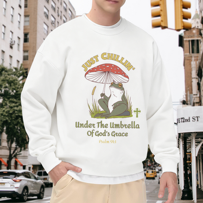Just Chillin Under The Umbrella Of God's Grace Psalm 91:1 Crewneck Sweatshirt - Christian Faith Frog Pullover, Religious Easter Gift