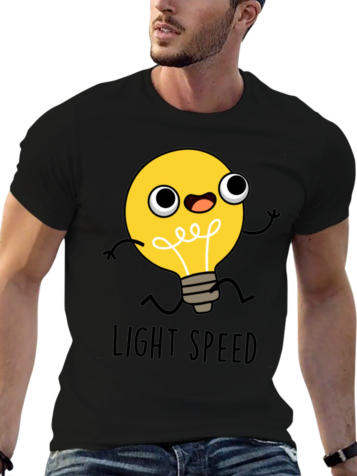 Light Speed Cartoon Lightbulb Black T-Shirt