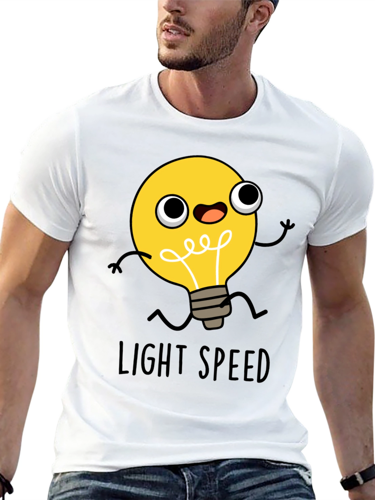 Light Speed Cartoon Lightbulb Black T-Shirt