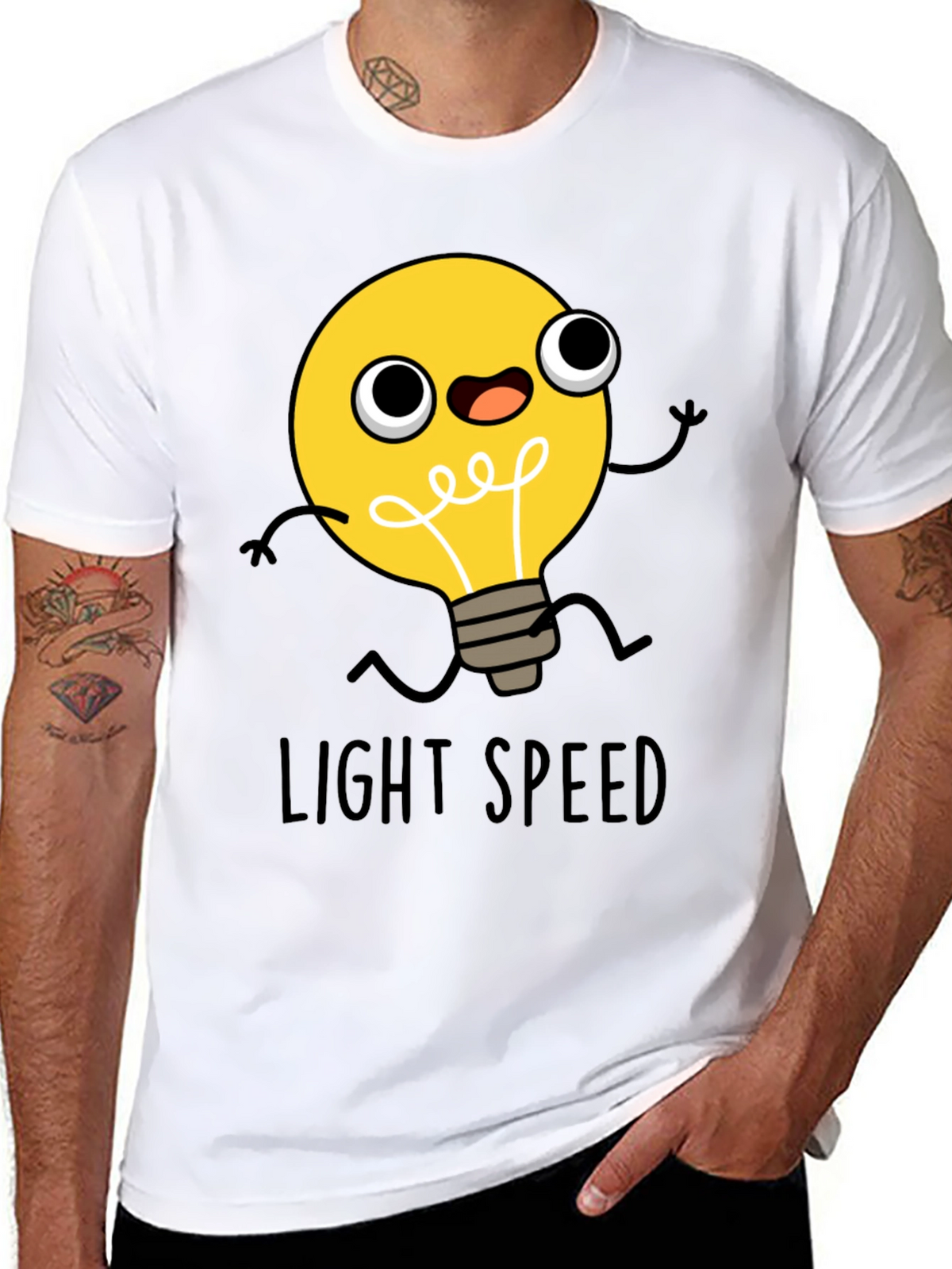 Light Speed Cartoon Lightbulb Black T-Shirt