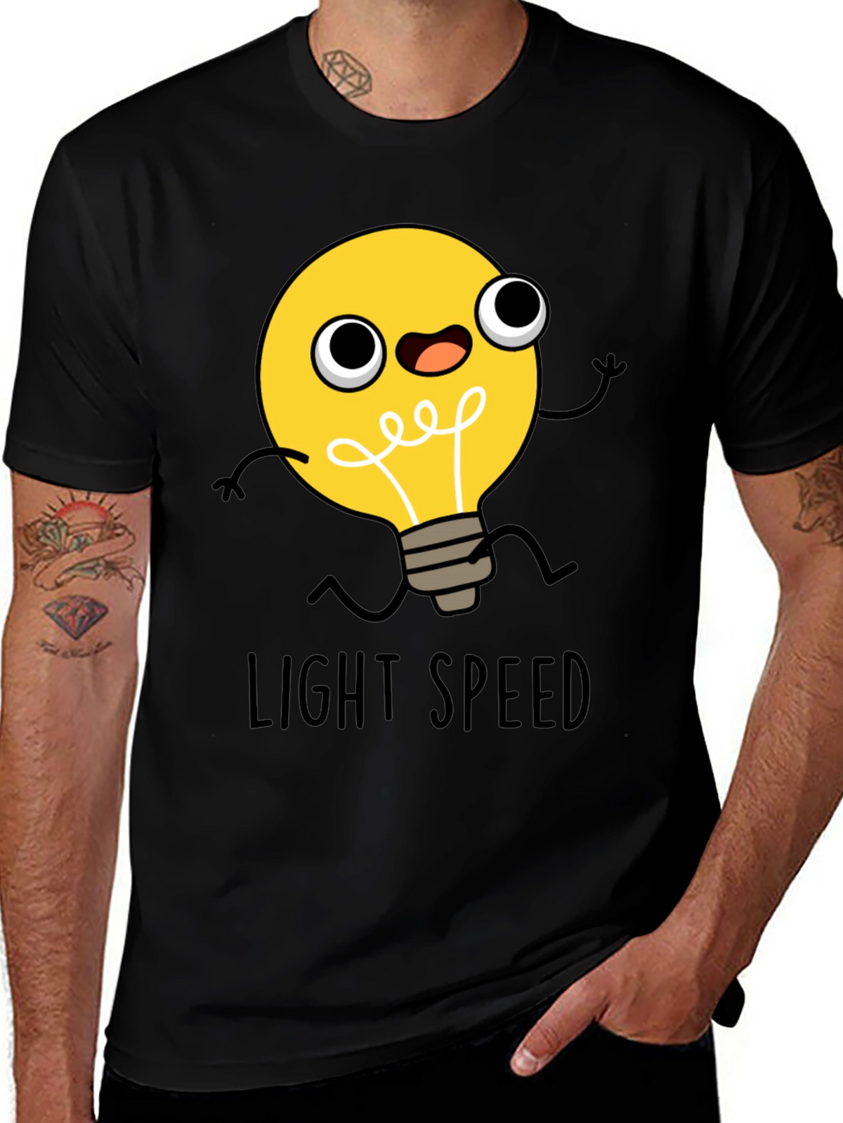 Light Speed Cartoon Lightbulb Black T-Shirt