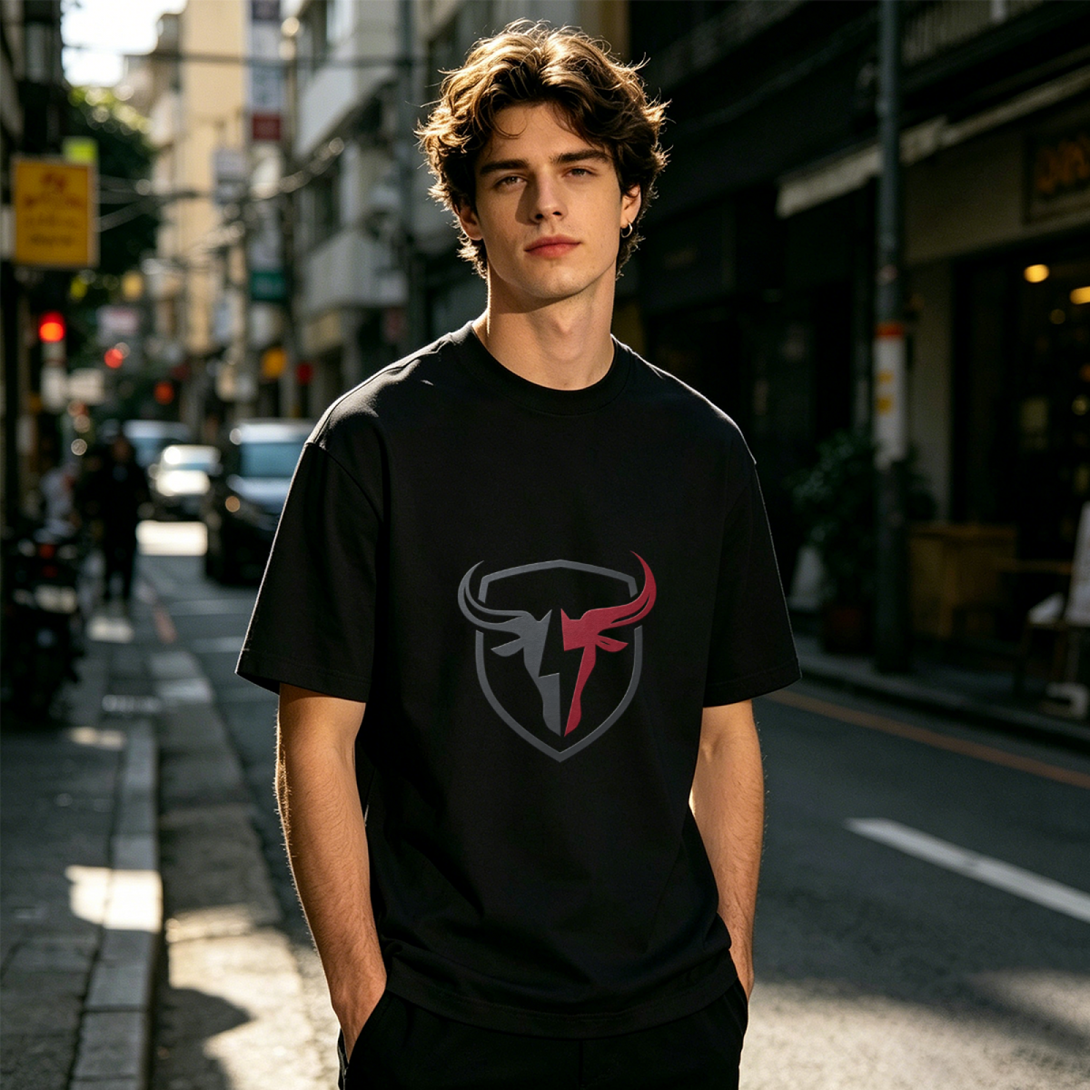 Men's Split Bull Head Shield Sport Retro Logo Graphic Tee