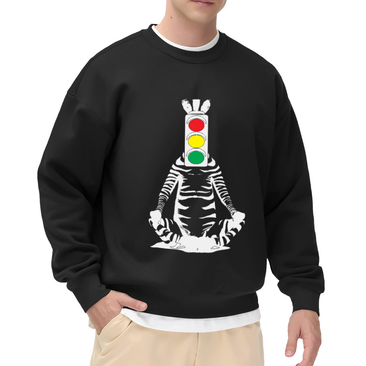 Meditating Zebra Traffic Light Crewneck Sweatshirt | Quirky Surreal Art Pullover, Surreal Graphic Streetwear Top, Weirdcore Gift