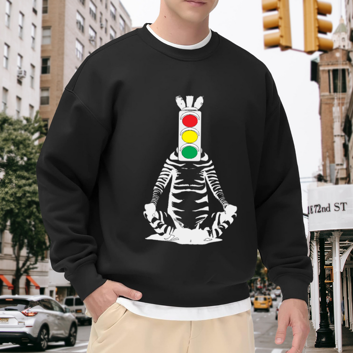 Meditating Zebra Traffic Light Crewneck Sweatshirt | Quirky Surreal Art Pullover, Surreal Graphic Streetwear Top, Weirdcore Gift