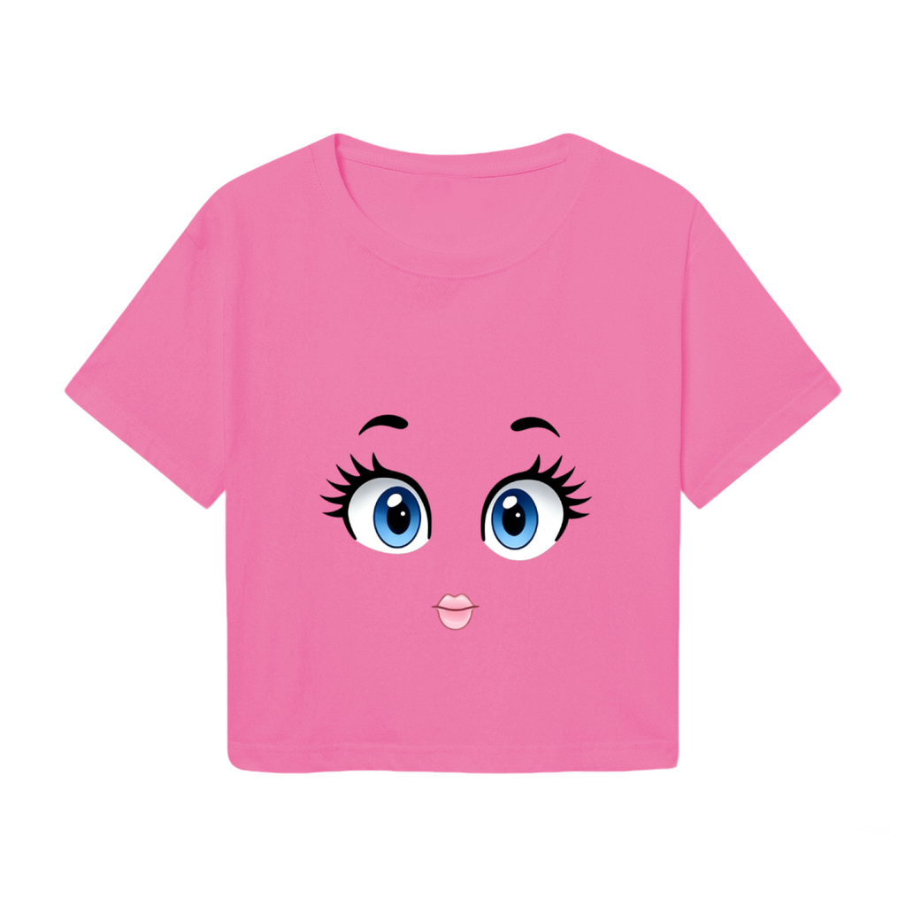 Big Cartoon Doll Eyes Hot Pink Crop Top ¨C Cute Kawaii Face Print  Tee