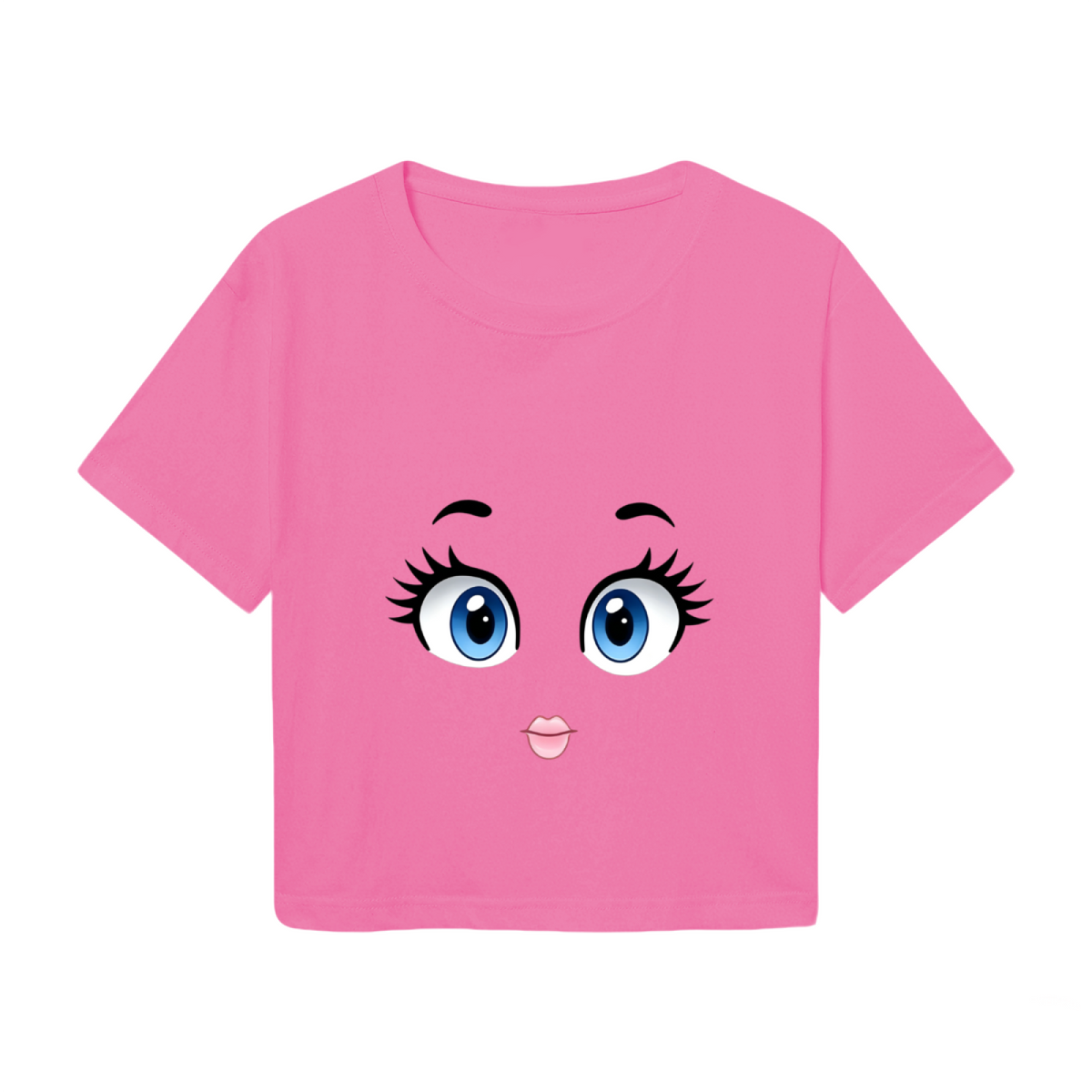 Big Cartoon Doll Eyes Hot Pink Crop Top ¨C Cute Kawaii Face Print  Tee