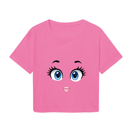 Big Cartoon Doll Eyes Hot Pink Crop Top ¨C Cute Kawaii Face Print  Tee