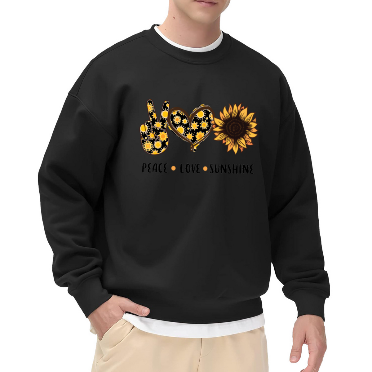 Peace Love Sunshine Sunflower Graphic Crewneck Sweatshirt | Retro Boho Hippie Floral Pullover, Positive Vibes Gift