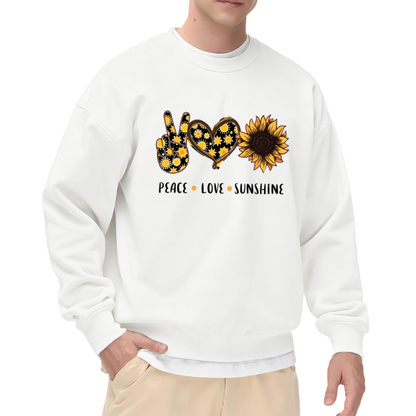 Peace Love Sunshine Sunflower Graphic Crewneck Sweatshirt | Retro Boho Hippie Floral Pullover, Positive Vibes Gift