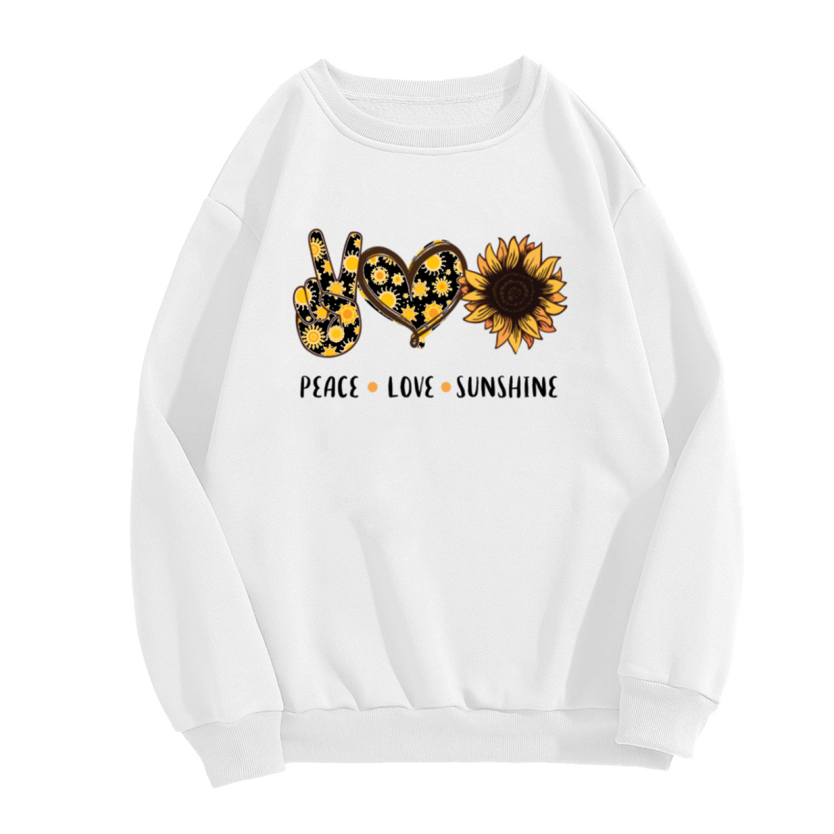 Peace Love Sunshine Sunflower Graphic Crewneck Sweatshirt | Retro Boho Hippie Floral Pullover, Positive Vibes Gift