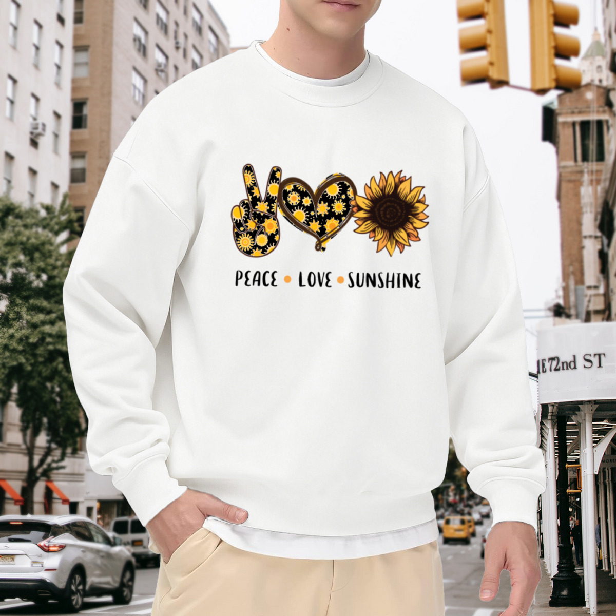Peace Love Sunshine Sunflower Graphic Crewneck Sweatshirt | Retro Boho Hippie Floral Pullover, Positive Vibes Gift